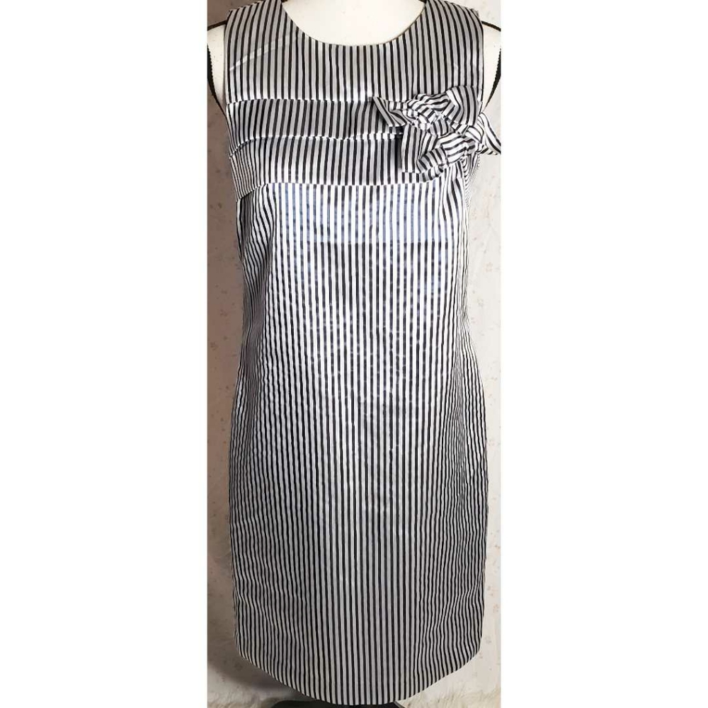 Banana Republic Shift Dress Satin Stripe Navy Blue White Bow Sleeveless Retro